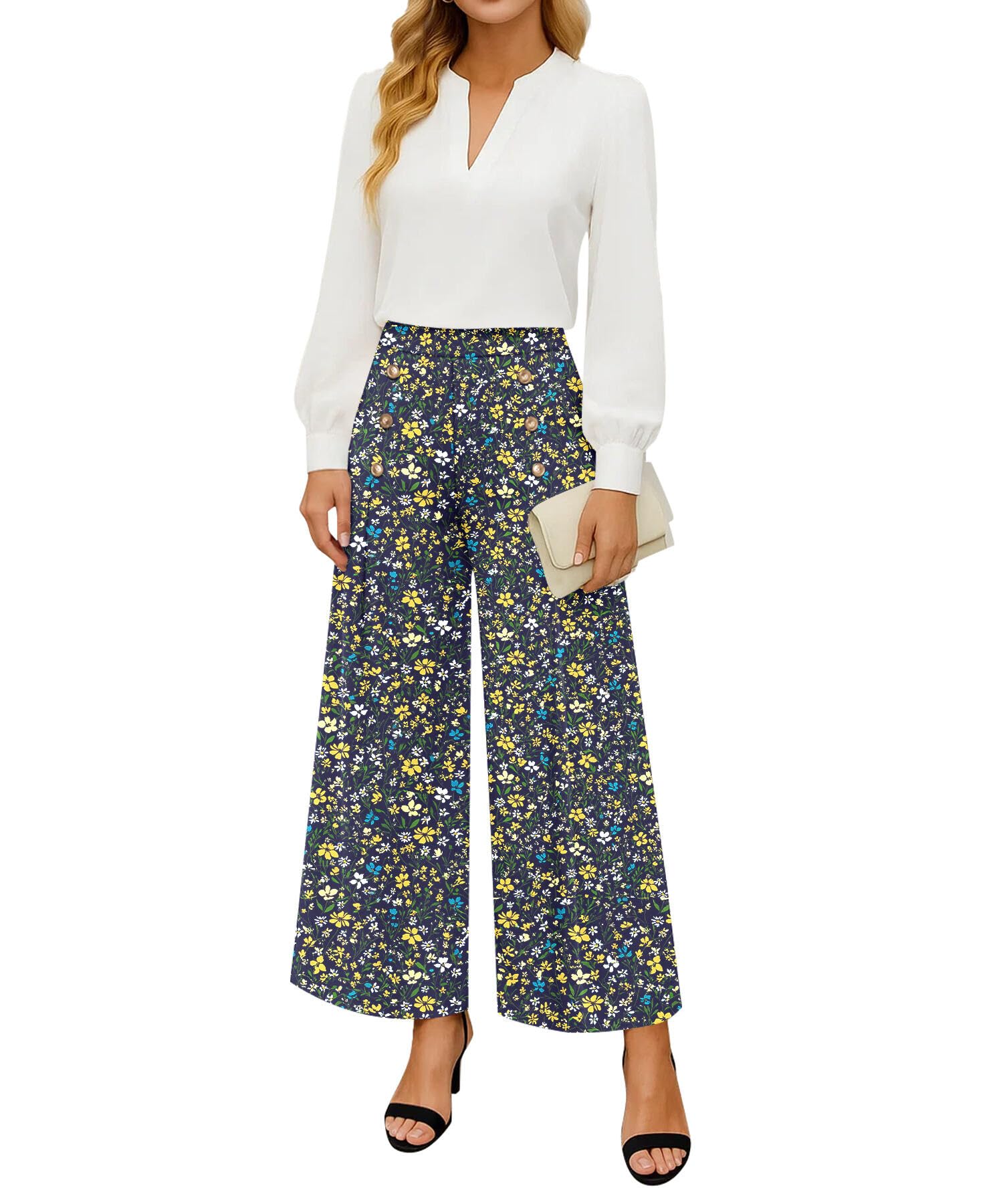 Photo 1 of ***SEE PHOTOS FOR COLOR STYLE ***   YSYOKOW Womens Elastic High Waisted Wide Leg Pants Loose Casual Long Palazzo Trousers with Button Decor and Pockets(Small Yellow Flowers)