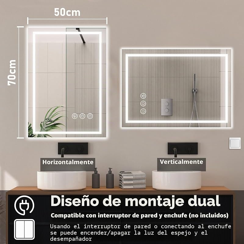Espejo Baño con Luz 50x70cm, Espejos de Baño con LED con Antivaho, Regulable, 3 Colores Luz, Función Memoria