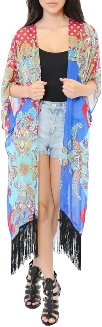Azkara Womens Summer Floral Fringe Sheer Boho Vest Kimono