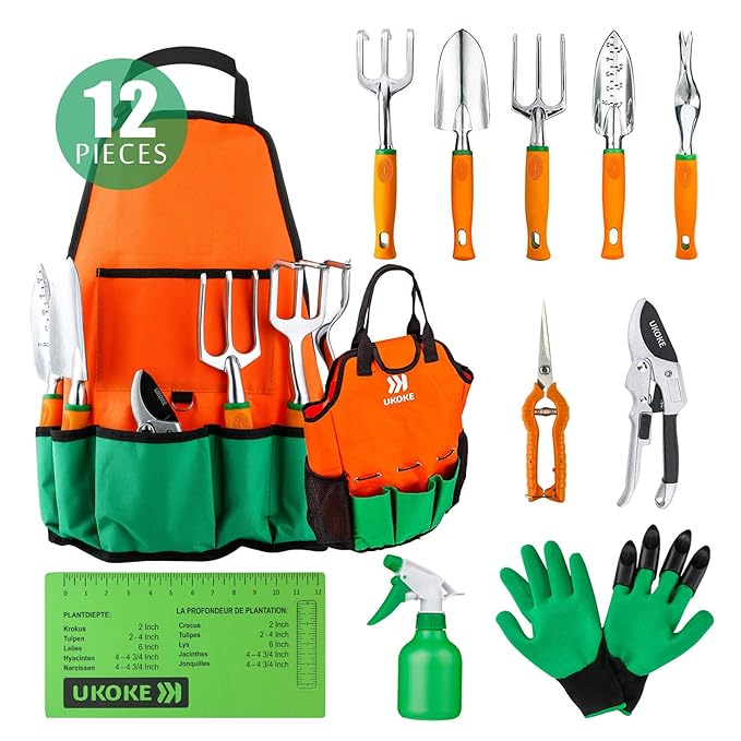 UKOKE Garden Tool Set, 12 Piece Aluminum Hand Tool Kit, Garden Canvas Apron with Storage Pocket, Outdoor Tool, Heavy Duty Gardening Work Set with Ergonomic Handle, Gardening Tools for women men best gardening gifts