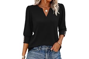 Ekouaer 3/4 Sleeve Tops Women V Neck T Shirts Dressy Casual Blouses | Basic tees with decorative button cuffs, soft lightweig