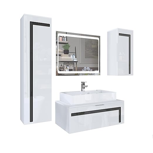 Vladon Badmöbel Komplettset Aloha V2, Korpus in Weiß matt/Fronten in Weiß Hochglanz mit Absetzungen in Schwarz Hochglanz, mit Aufsatzwaschbecken, Armatur (M1) und LED Spiegel