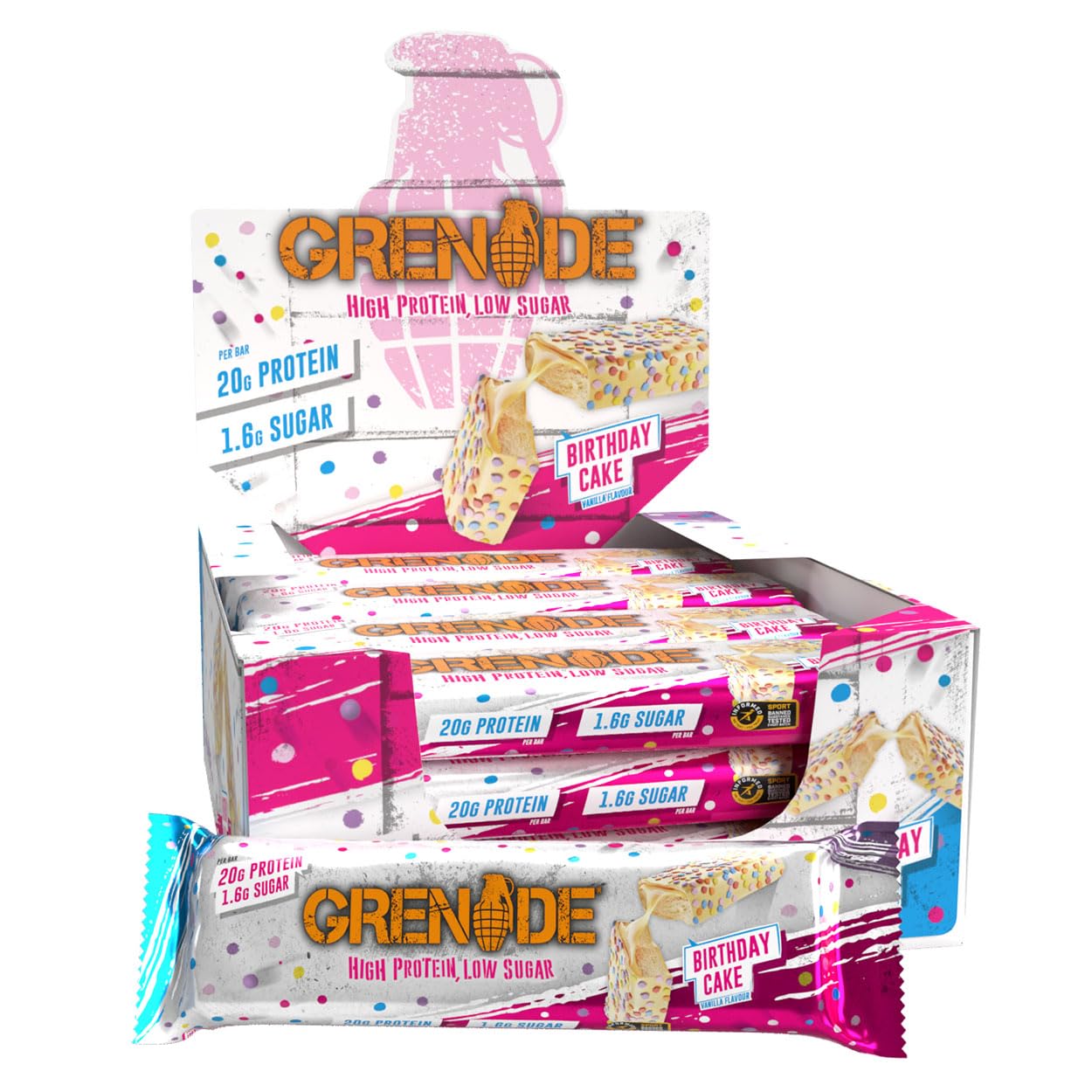 Grenade High Protein, Low Sugar Bar - Birthday Cake, 12 x 60 g