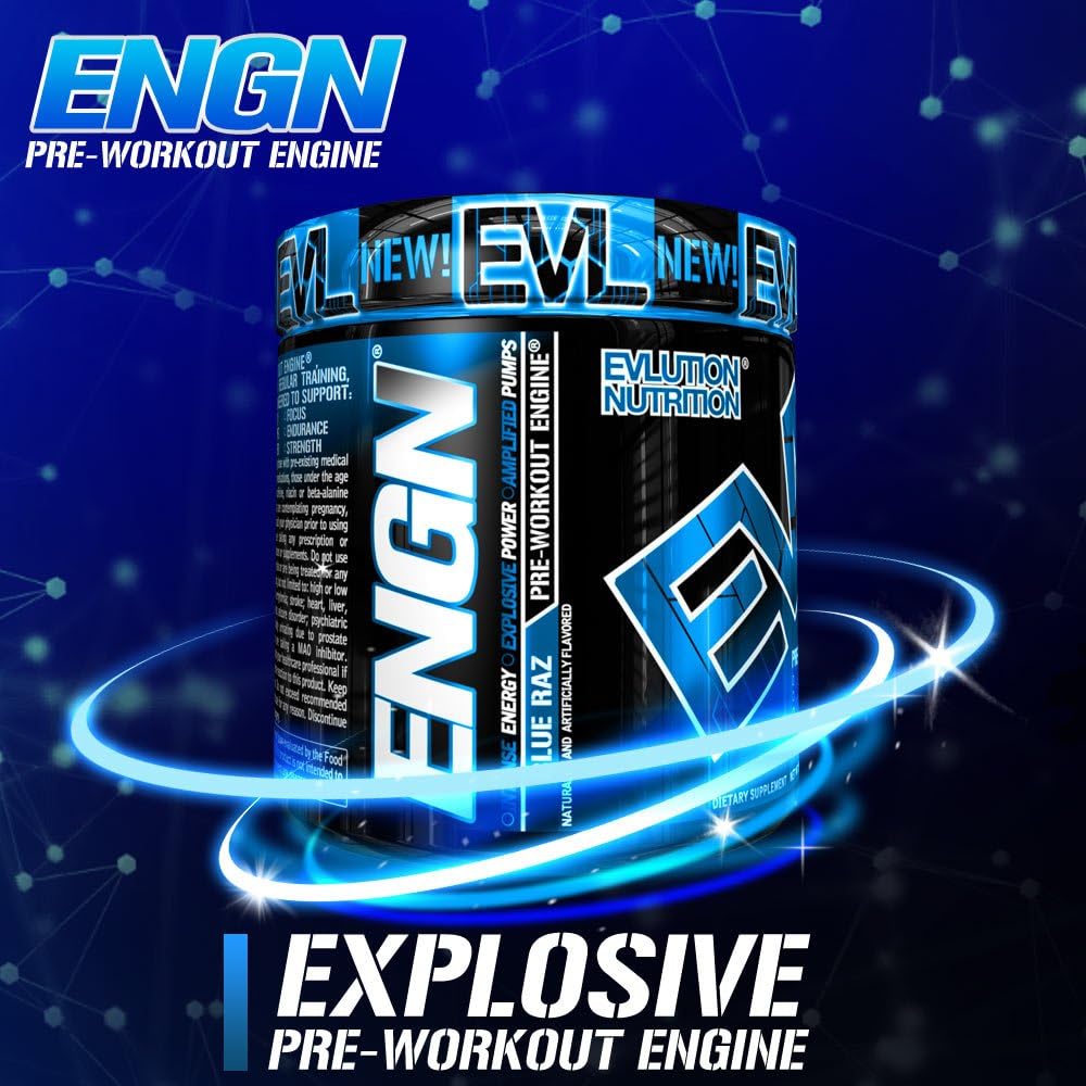 Evlution Nutrition ENGN Pre-Workout, Pikatropin-Free, 30 Servings, Intense Pre-Workout Powder for Increased Energy, Power, and Focus (Blue Raz): Health & Personal Care