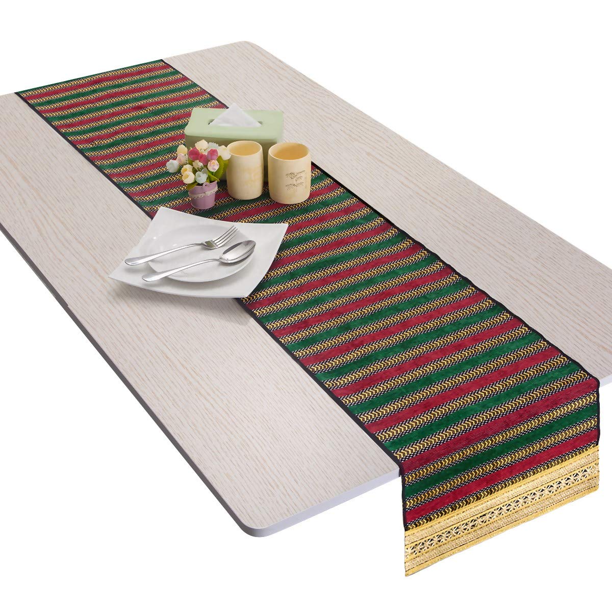 Nupuyai Vintage Stripe Table Runner for Home Coffee Table,European Knitted Wedding Party Decoration 34x89cm Red/Green