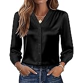 Rapbin Womens Button Down Shirts Dressy Casual Satin Silk Long Sleeve V Neck Tops Business Office Work Blouses 2025