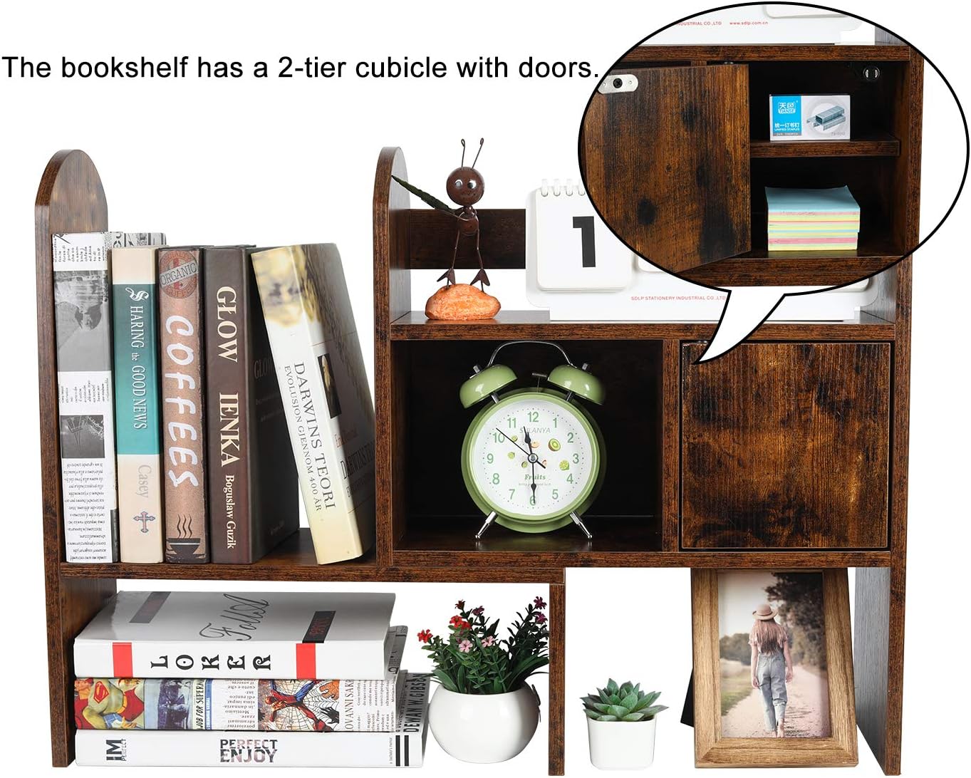 PAG Adjustable Desktop Shelf Countertop Bookshelf Bookcase Wood Desk Organizer Office Supplies and Accessories Storage Display Rack, Antique Brown : Office Products
