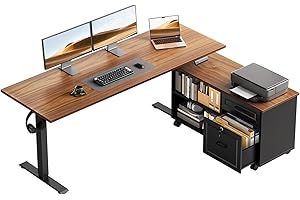 OffiGo 55 Inch L Shaped Electric Standing Desk with Drawers & File Cabinet Sets, Executive Sit Stand Desk, Height Adjustable Computer Desk for Home Office, Writing, Workstation, Walnut+Black
