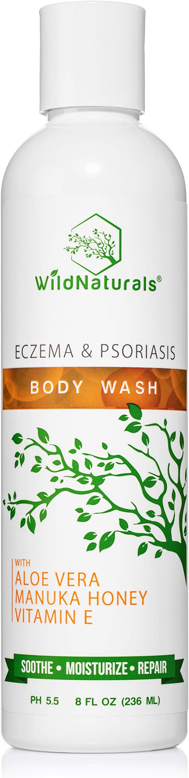 Wild Naturals Eczema Body Wash : With Manuka Honey + Aloe Vera, Soothe and Calm Itch, Dry Skin, Psoriasis Relief Soap for Sensitive Skin, Unscented, Moisturizing and Sulfate Free