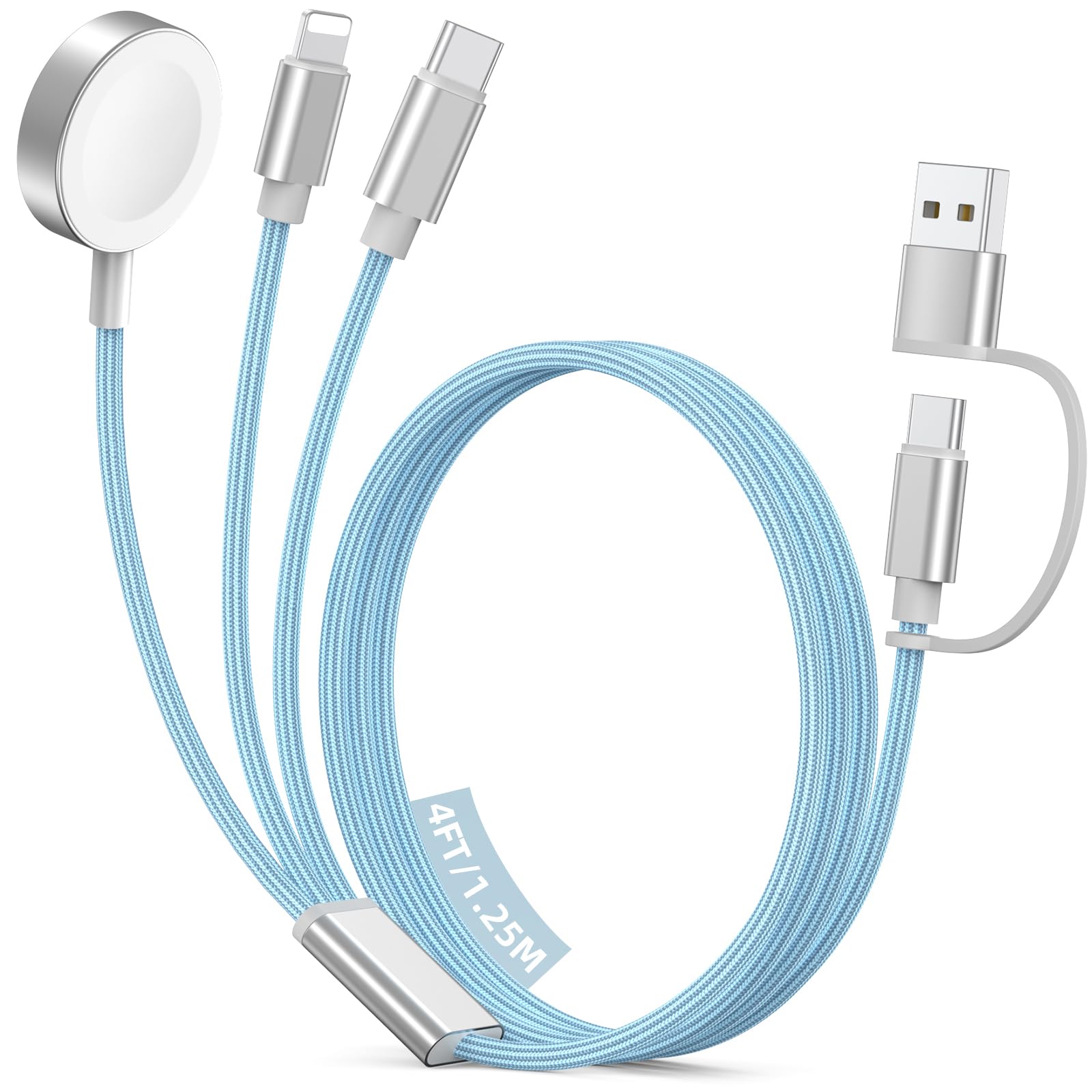 Photo 1 of Travel Essentials for Apple Watch Charger, 3 in 2 USB C Cable for Type C/L-Port Devices, Multi Charging Cable Cord, Camping Essentials, Magnetic iWatch Charger for Ultra/SE/10-1&iPhone 17-12-4FT Blue