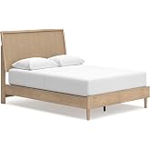 Signature Design by Ashley Cielden Queen Bed Frame, Replicated Cane | Light oak grain and faux cane accents, Sturdy platform design eliminating box springs, Included roll slats, Two-tone finish