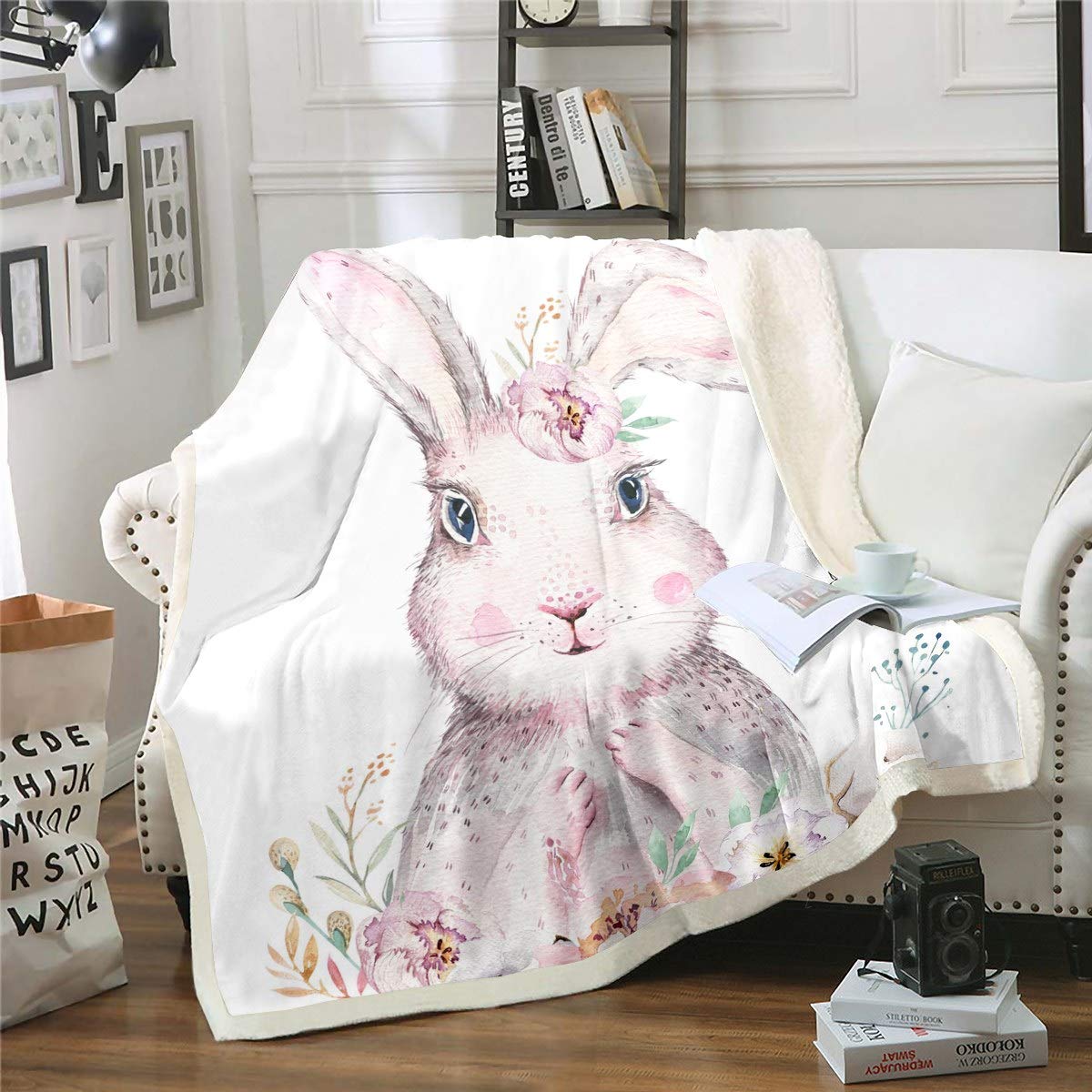 Loussiesd Girls Rabbit Fleece Sherpa Blanket Cute Cartoon Bunny Plush for Chair Sofa Couch Girly Floral Flowers Throw Lovely Animal Theme Bedroom Decor Fuzzy Single 50"x60"