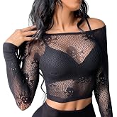 Buitifo Women Sexy Crop Top Fishnet Lingerie Beach Cover Up | Rave Outfit Skull Pattern Tee Shirt Blouse Cosplay Costume Party Club Wear