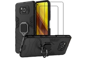 QCMM for Xiaomi Poco X3 NFC/Poco X3 Pro Kickstand Case with Tempered Glass Screen Protector [2 Pieces], Hybrid Heavy Duty Armor Dual Layer Anti-Scratch Case Cover, Black