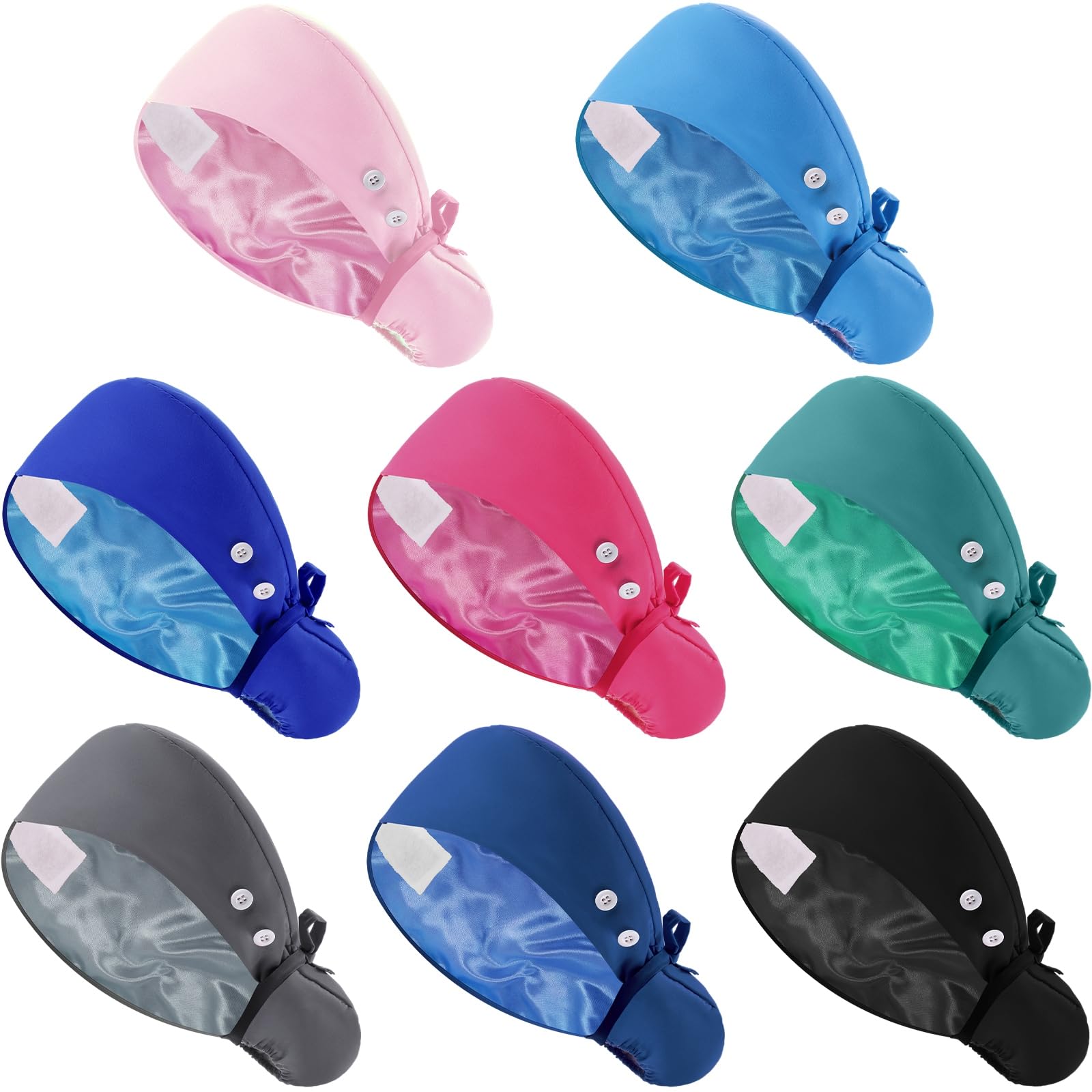 Photo 1 of Jamntower 8 Pcs Satin Lined Scrub Cap Women Nurse Hat with Button and Sweatband Adjustable Bouffant Ponytail Surgical Cap(Multicolor,Simple)