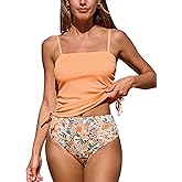 CUPSHE Women's Tankini Set Two Piece Swimsuit Ruched Drawstring Bathing Suits with High Waisted Bottom Rib