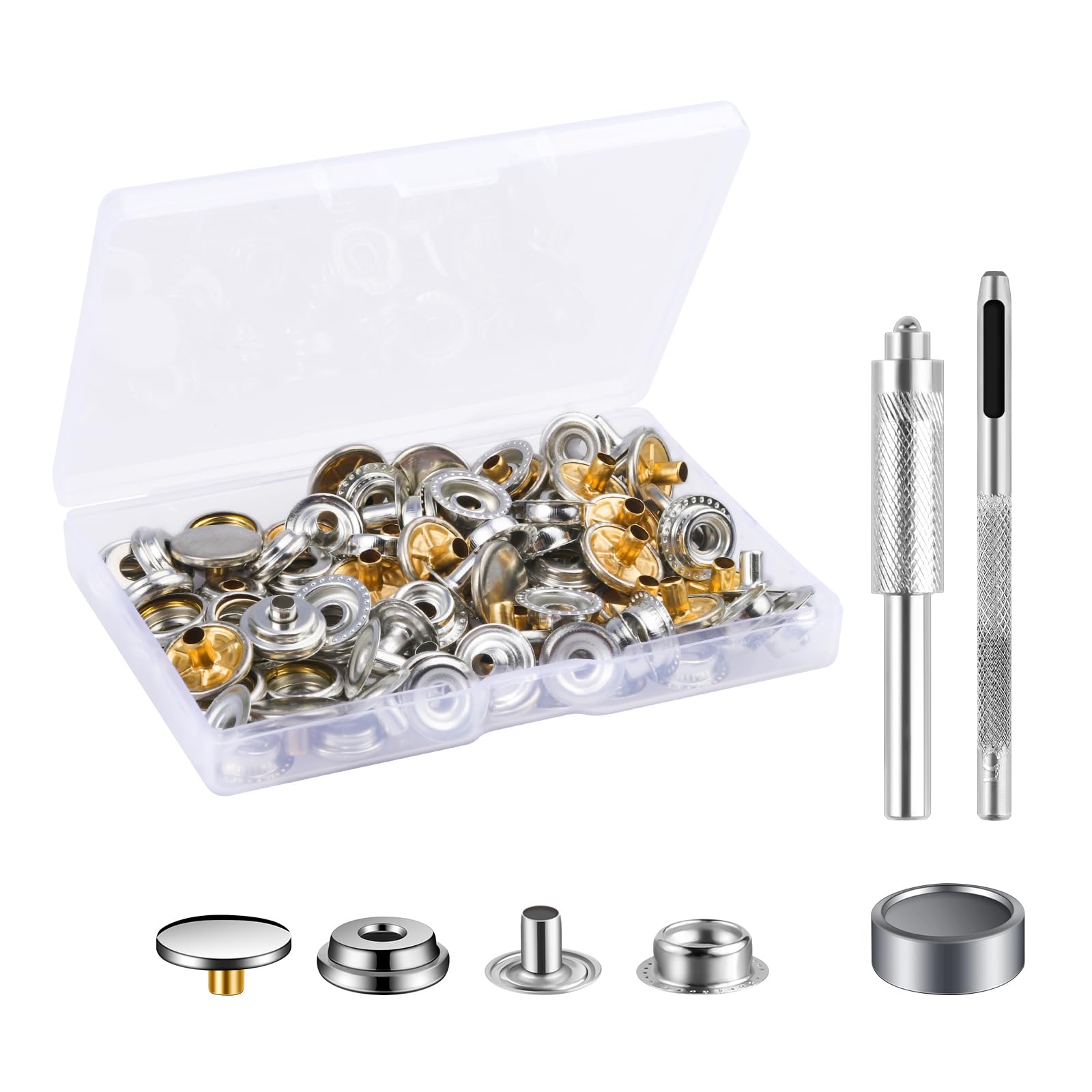 37 Sets Press Studs Cap Button, MSDADA Stainless Steel Snap Fasteners Kit with Hand Fixing Tools, Instant Metal Buttons No-Sew Clips Snap for Bags, Jeans, Clothes, Fabric, Leather Craft(Silver)