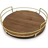 CVHOMEDECO. Decorative Tray with Golden Handle Round Wood Serving Tray with Metal Handles for Breakfast in Bed, Lunch, Dinner, Appetizers, Kitchen, Ottoman, Coffee Table, BBQ and Party