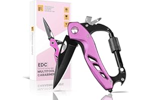 FUNBRO Pink Multitool Carabiner Knife Gifts for Mom Women Wife, 6-in-1 Keychain Multi Tools with Window Breaker, Bottle Opener and Screwdriver, EDC Gear Gadget for Camping Hiking