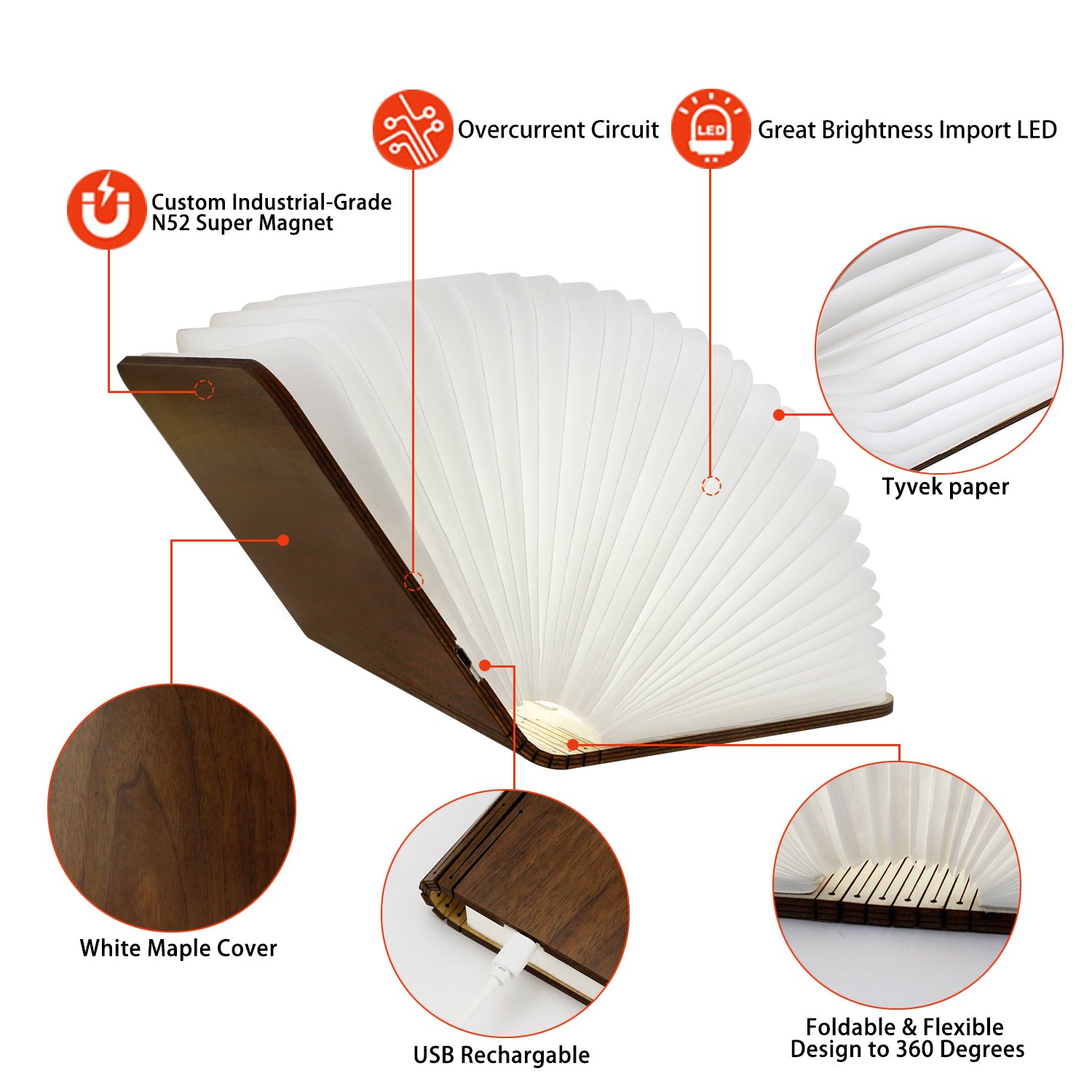 LED Book Lamp, Wireless Wooden Folding Book-Shaped Reading Night Light Table Lamp with USB Rechargeable 4 Changeable Colors for Decor Birthday Gift Halloween Lighting Kids Children Sleeping