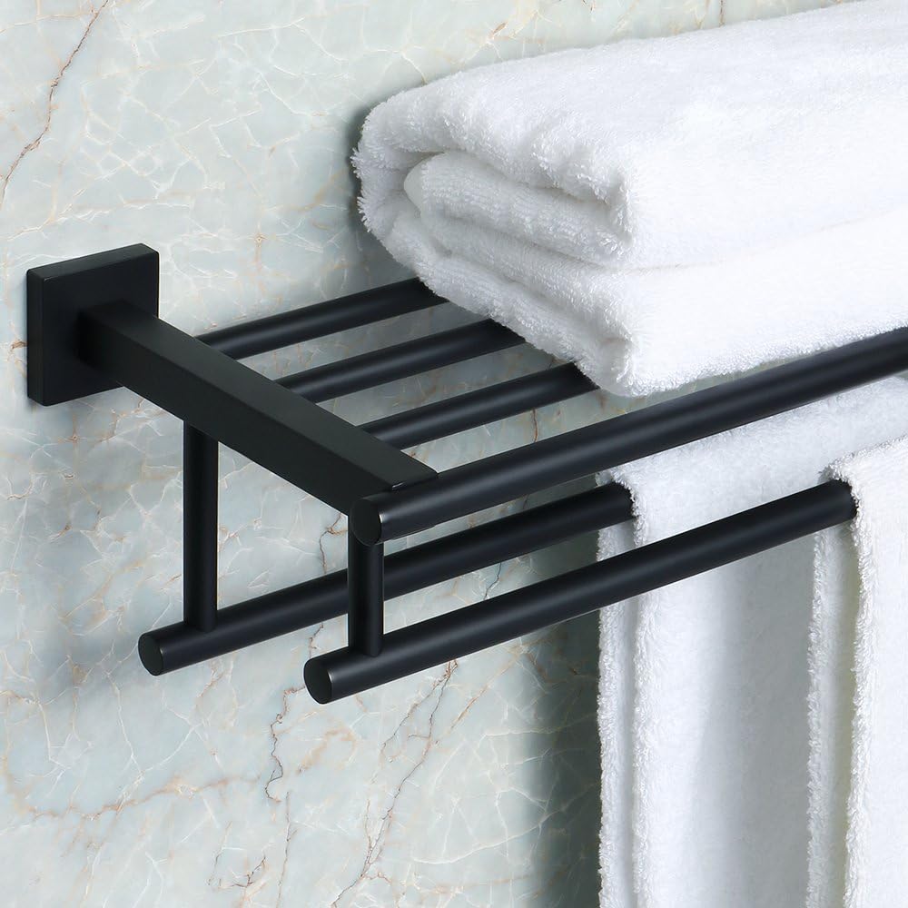 Alise GZ8000-B Bathroom Lavatory Towel Rack Towel Shelf with Two Towel Bars Wall Mount Holder,24-Inch SUS 304 Stainless Steel Matte Black: Home & Kitchen