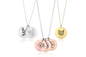 MeMeDIY Personalized Pet Mom Gifts Custom Pet Portrait Necklace with Engraved Pet Sketch/Color Photo Personalized Dog Cat Nec