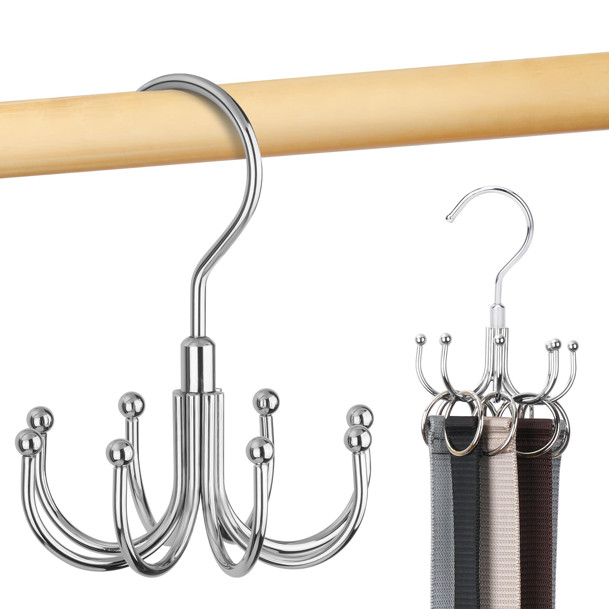 OMHOMETY Belt Hanger for Wardrobe, Swiveling Belt Organizer with 8 Hooks, Holds up to 24 Belts, Metal Space Saving Belt Rack Tie Storage, Silver, 1 Pack