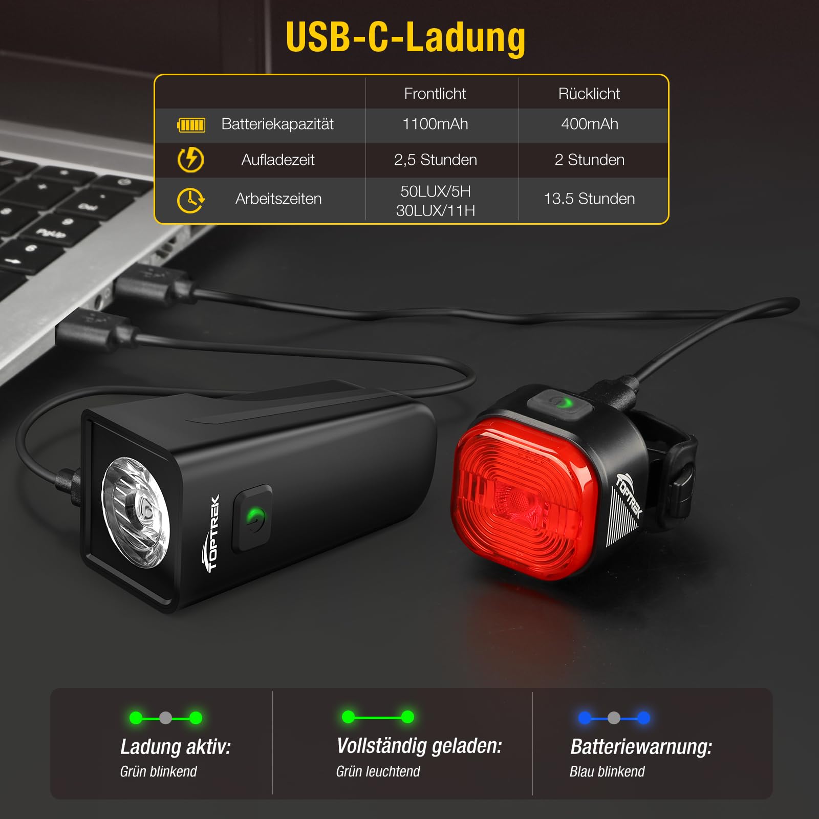 toptrek Fahrradlicht Set USB Aufladbar, StVZO Zugelassen Fahrrad Lichter LED Set, IPX5 Wasserdicht Fahrradlampe Set mit Austauschbarem Akku Design, Fahrradbeleuchtung Set mit Langer Akkulaufzeit 4