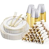 175PCS Gold Plastic Plates for 25 Guests, Disposable Dinnerware Sets Include 50 Gold Rim Plastic Plates, 25 Silverwares, 25 C