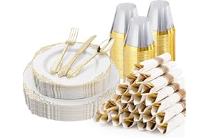 Bestluck 175PCS Gold Plastic Plates for 25 Guests, Disposable Dinnerware Sets Include 50 Gold Rim Plastic Plates, 25 Silverware, 25 Pre Rolled Napkins for Party, Wedding and Birthday