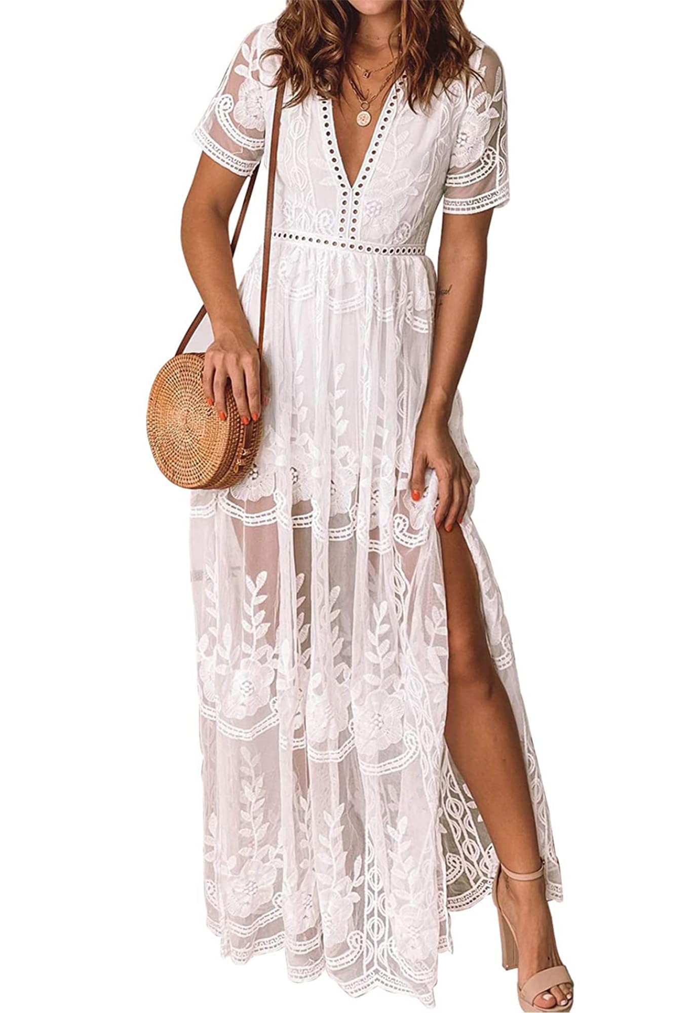 Photo 1 of LRISES Womens V Neck White Floral Embroidered Lace Wedding Maxi Dress Boho Short Sleeve Slit Bridesmaid Evening Party Dresses m