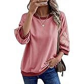 Dokotoo Women's Oversized 3/4 Sleeve Sweatshirt Floral Patch Crewneck Pullover Casual Tops