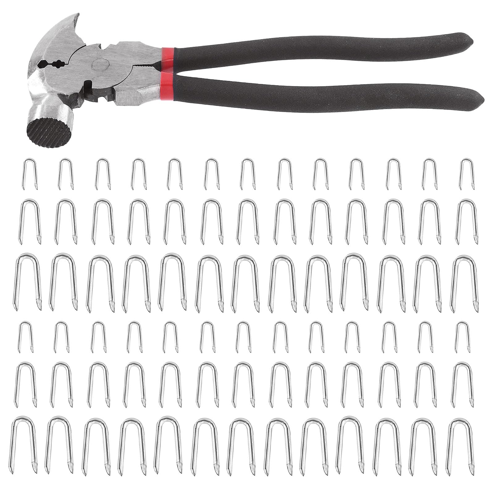 Tanstic 151Pcs 20mm 30mm 40mm Wire Fencing Staples and Fencing Pliers with Hammer Head, Fence Tools, Carbon Steel Wire Staples U Shaped Nails Fence Staple Nails U-Shaped Fasteners Nails U Staples
