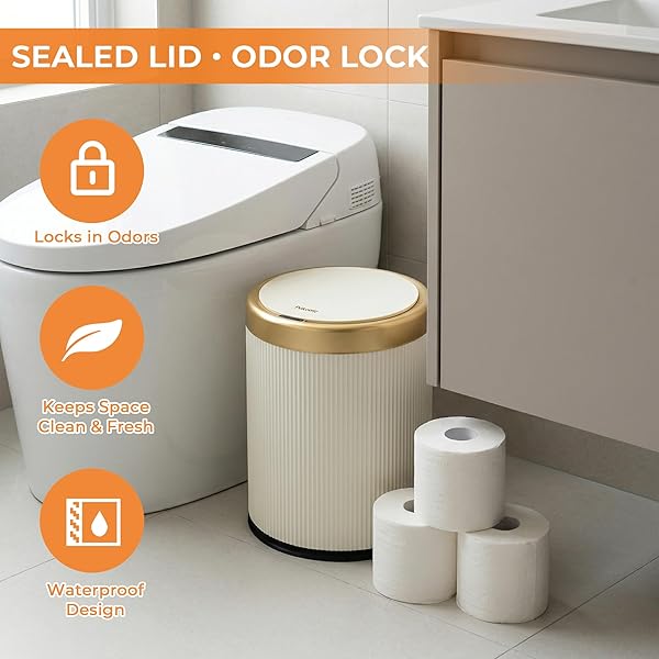 PUKOMC BATHROOM TRASH CAN WITH LID,3.5 GALLON MOTION SENSOR WATERPROOF TOUCHLESS GARBAGE CAN, SMART PLASTIC TRASH BINS SUITABLE FOR KITCHEN, BATHROOM, BEDROOM, LIVING ROOM, OFFICE BEIGE