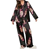 WDIRARA Women's Leopard Print Satin Pajama Set Long Sleeve Button Down Pants Pjs 2 Piece Sleepwear