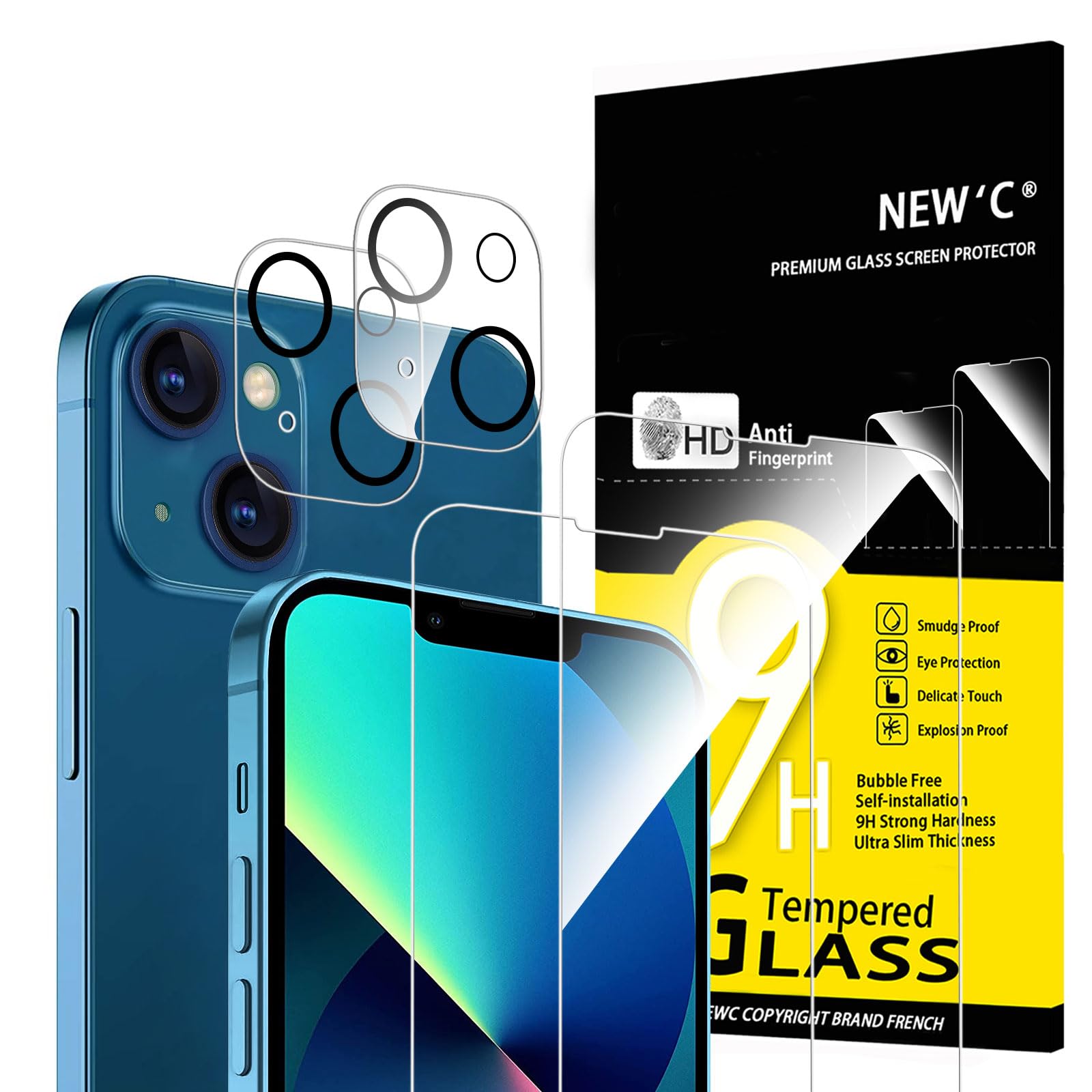 NEW'C Pack of 4, 2 x Tempered Glass for iPhone 13 (6.1 inch), and 2 x Rear Camera Protection - Anti-Scratch - Bubble-Free - Ultra Resistant - 9H Hardness Glass — image 1