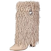 AIJIVOU Women Fold Over Faux Fur Mid Calf Boots Chunky Heel Point Toe Shark Boot Fashion Pull On Short Booties with Padlock