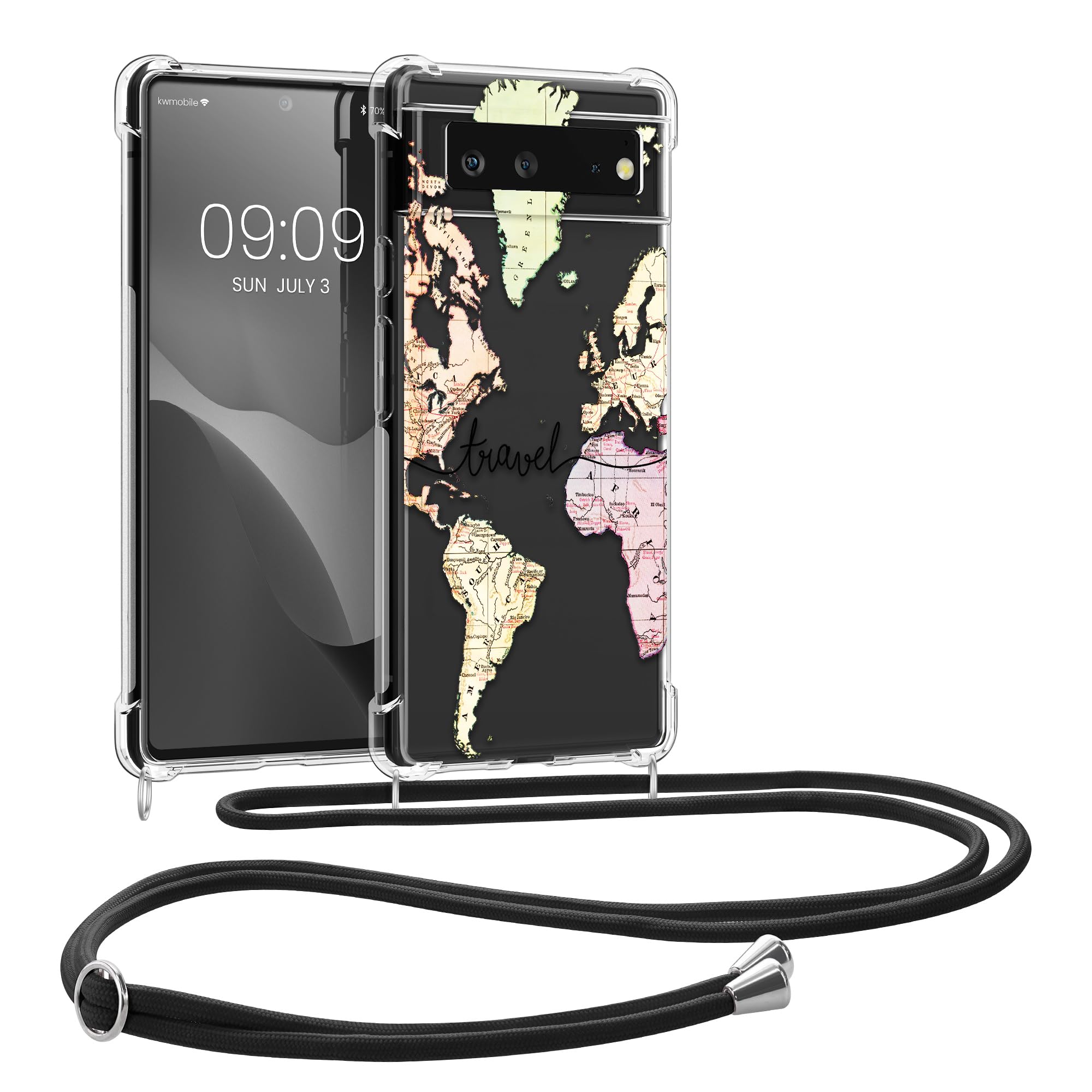 kwmobile Crossbody Case Compatible with Google Pixel 6 Case Strap - Travel Black/Multicolor/Transparent