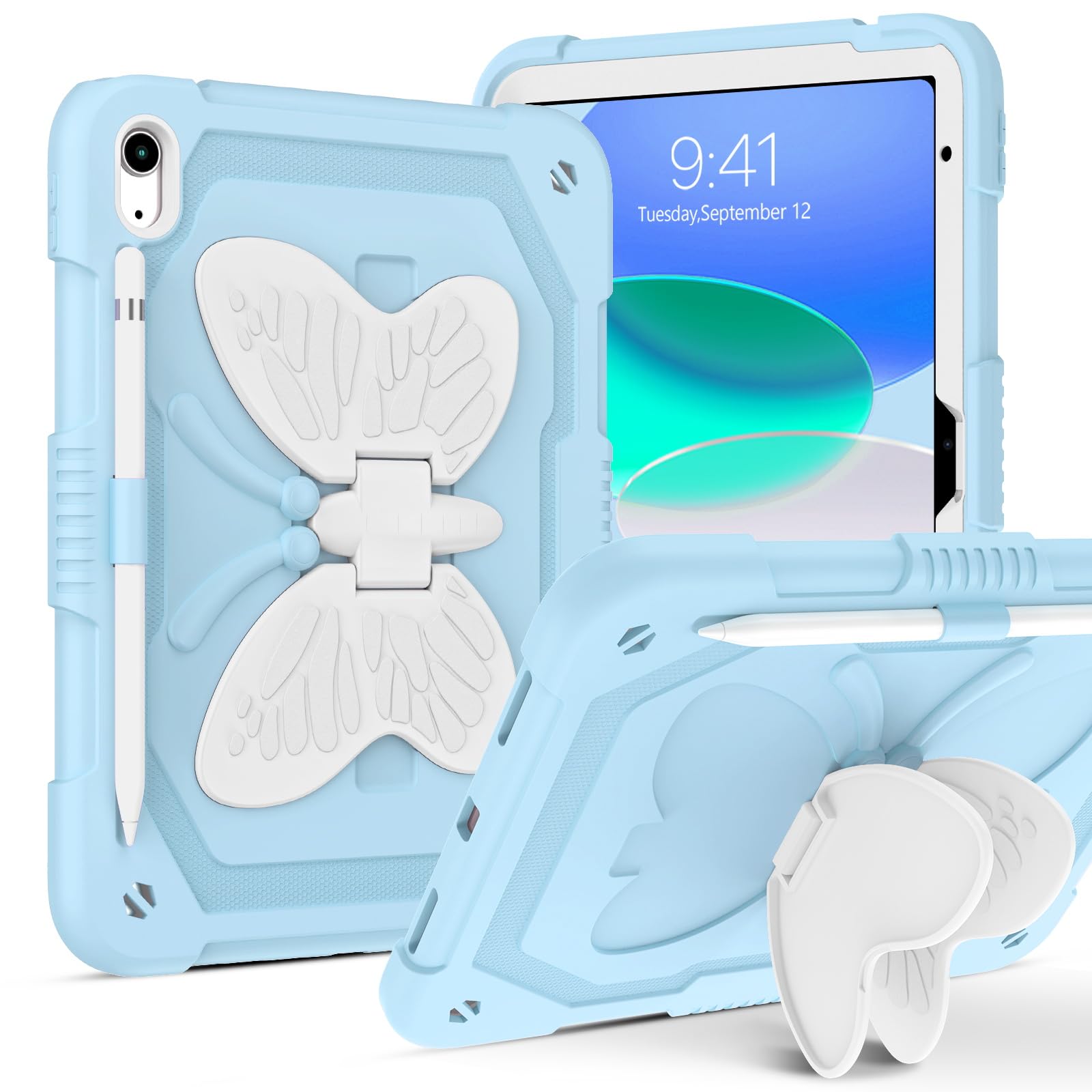 DUEDUE for iPad (A16) 11th/10th Generation Case Kids (2025/2022), Heavy Duty Shockproof Protective Cover with Butterfly Wings Kickstand, Full Body Rugged Protection for iPad 10.9"/11" (Blue)