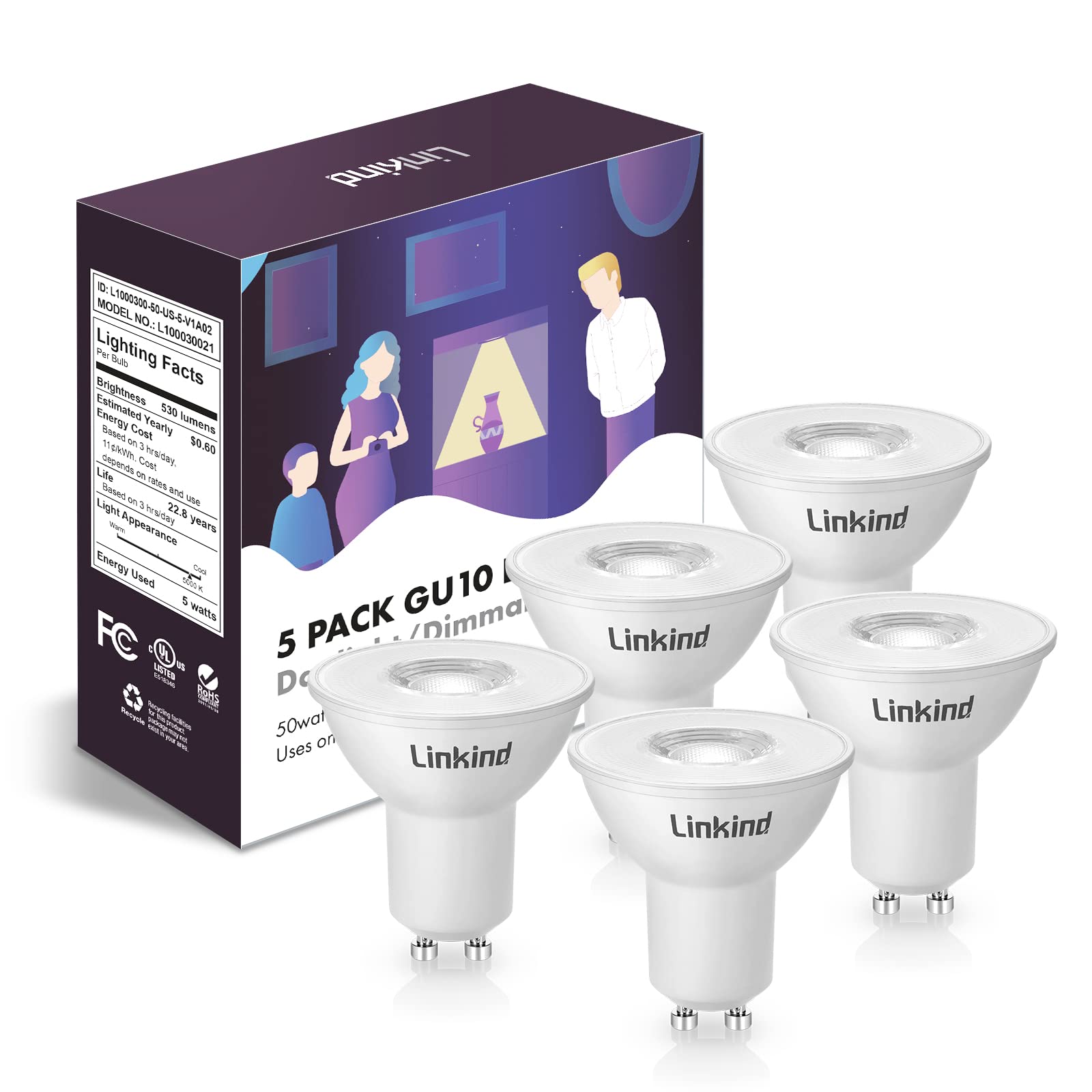 Photo 1 of Linkind MR16 LED Bulbs, GU10 Light Bulbs Dimmable, 50W Equivalent, 530LM 5000k Daylight 40° Spot Lighting Tracking Light Recessed Light Spotlight, UL Listed, 5 Packs