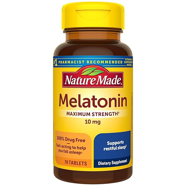 NATURE MADE MELATONIN 10MG MAXIMUM STRENGTH TABLETS, 100% DRUG FREE SLEEP AID FOR ADULTS, 70 COUNT, 70 DAY SUPPLY