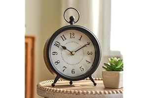 MICWIC Vintage Non-Ticking Black Table Clock with Stand, Decorative Clock for Desk and Shelf, Rustic Farmhouse Style Mantel Timepiece