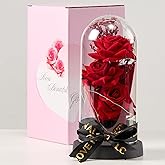 Amore Florals 3 Blossoms Artificial Roses in Clear Dome with LED Lights-Valentine's Day Gifts Valentines Day Decorations - Preserved Flowers Fake Roses for Wedding Candlelight Dinner Anniversary