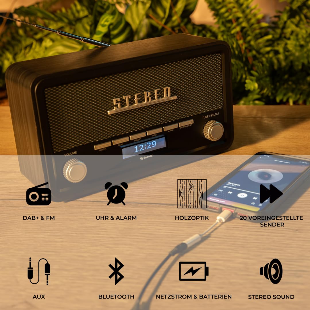 Denver Retro DAB-18 Digitalradio | DAB Plus Radio mit Bluetooth & FM | 2x20W Stereo-Lautsprecher | Kleines Radio mit Netzstecker | Küchenradio DAB mit gutem Klang | LCD-Display & Weckfunktion 3