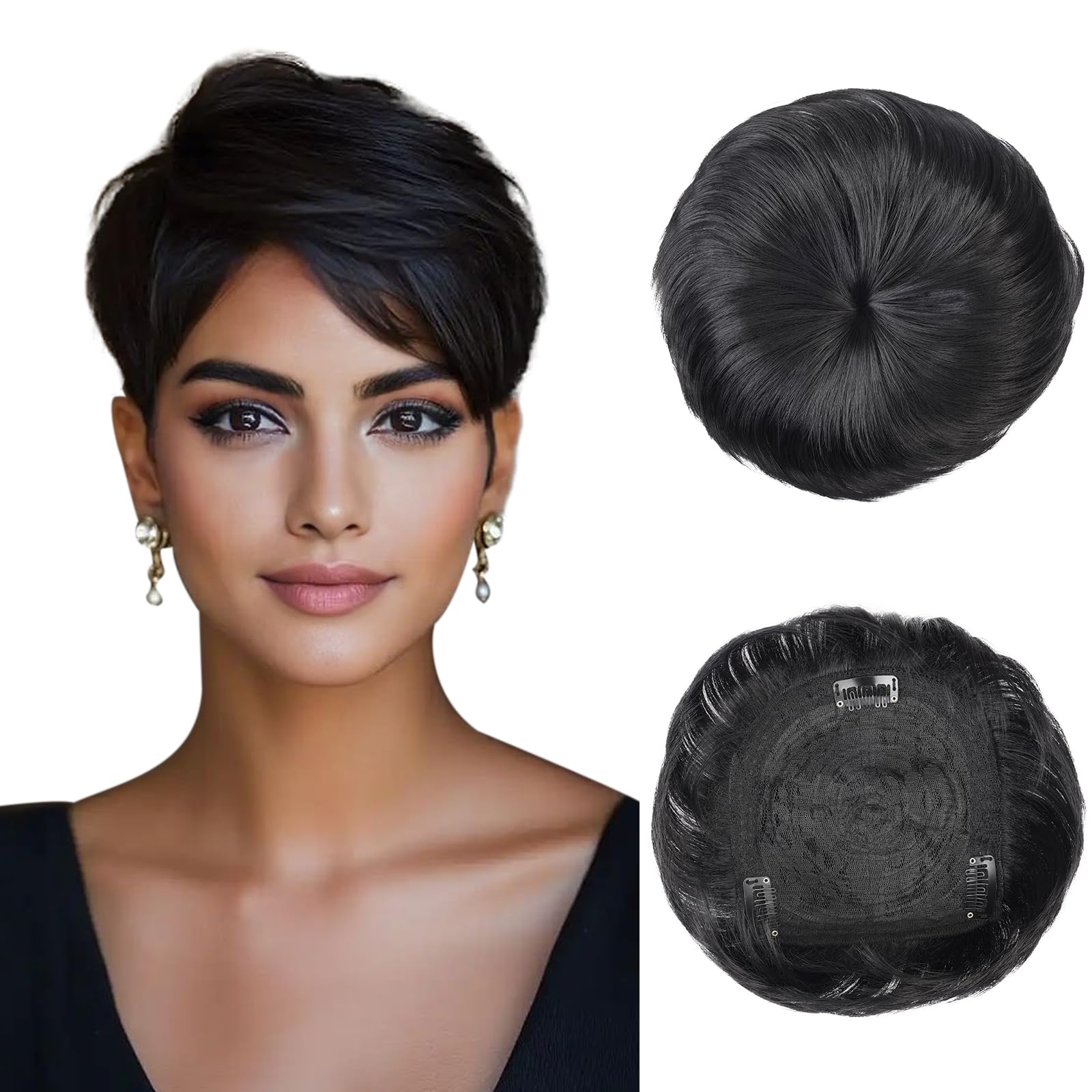Photo 1 of QUEENTAS Black Short Hair Toppers for Women with Thinning Hair 360°3D Cover with 3 Clips Hair Pieces Wispy Bangs 5.5"*5.5" Large Coverage(Natural Black/1B)