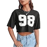 Verdusa Women's Cropped Jersey Shirts Graphic Tees Waffle Short Sleeve Vintage T Shirts Crop Tops