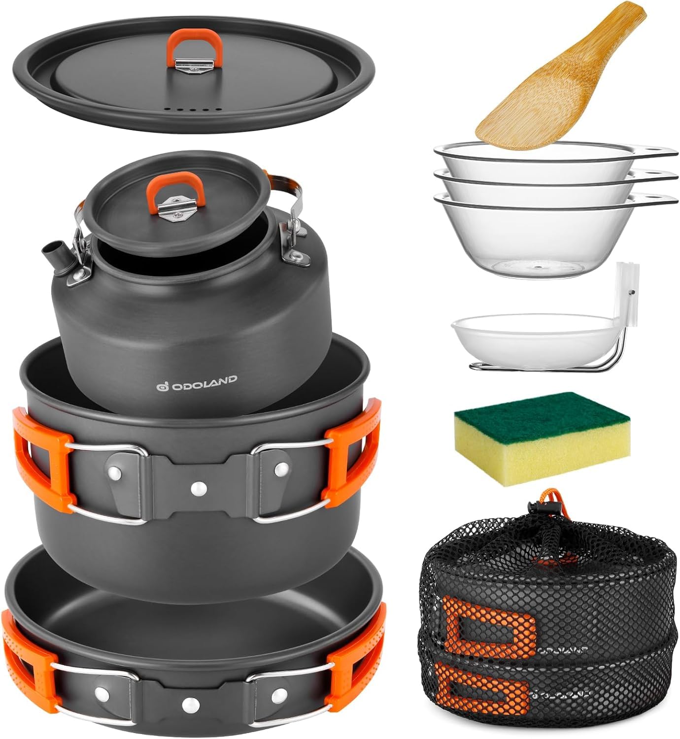 Odoland Camping Cookware Set, 10-Piece Outdoor Tableware with Camping Pot, Frying Pan and Teapot for Outdoor Cooking, Hiking, Traveling