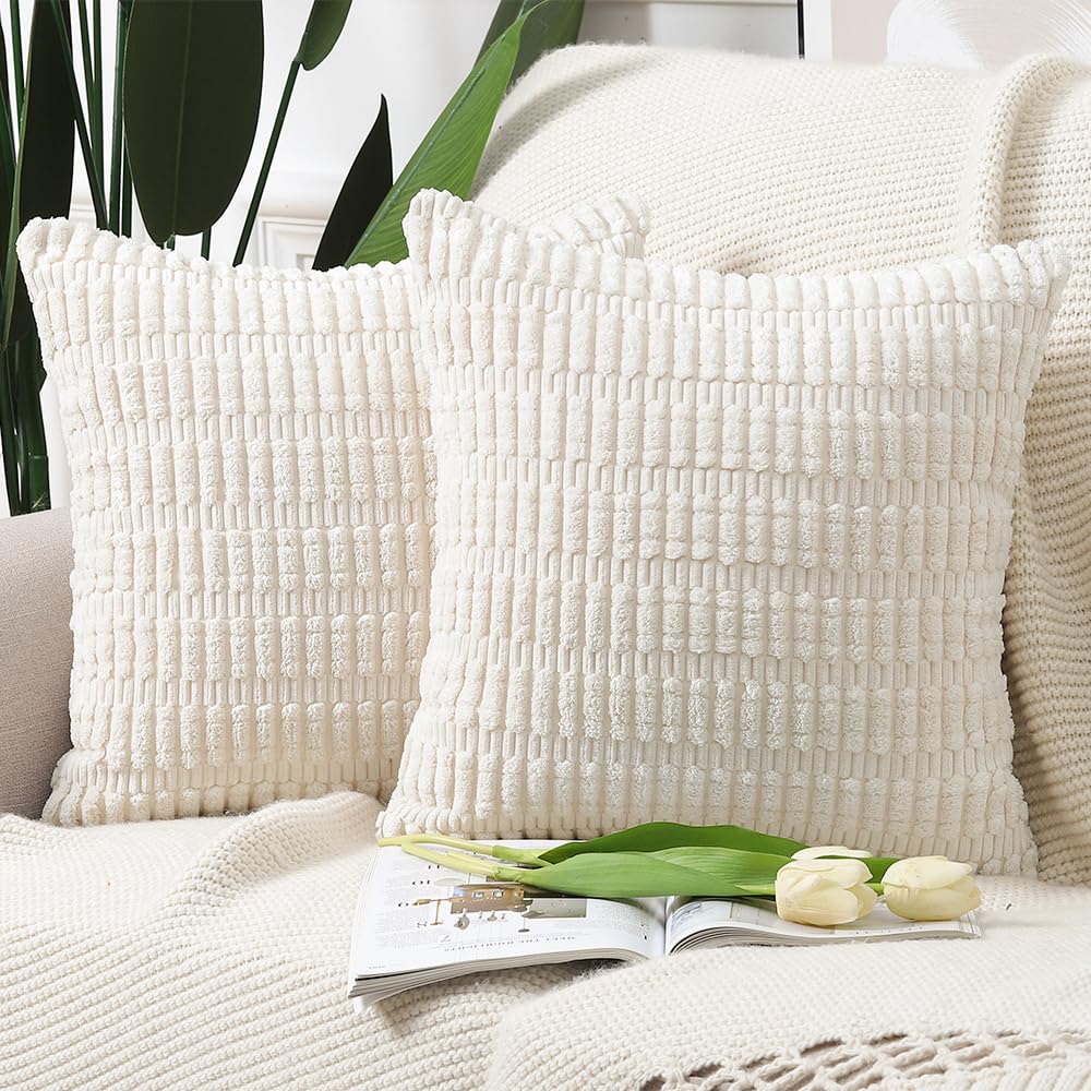 Madizz Pack of 2 Boho Striped Corduroy Throw Pillow Covers 16x16 inch, 40x40 cm, Beige Soft Decorative Cushion Cover for Sofa Bedroom Pillow Shell — image 1