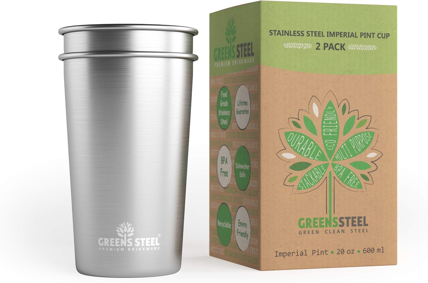 Greens Steel Stainless Pint Cup - 600ml /20oz, 4 count (Pack of 1)