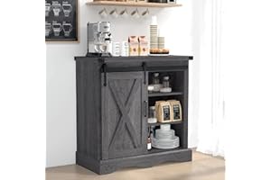 HOMFAMILIA Upgraded 32"H Farmhouse Coffee Bar Cabinet w/Storage, Thickened Top Kitchen Sideboard Buffet Cabinet w/Sliding Barn Door, Rustic Accent Console w/Adjustable Shelves for Kitchen,Living Room
